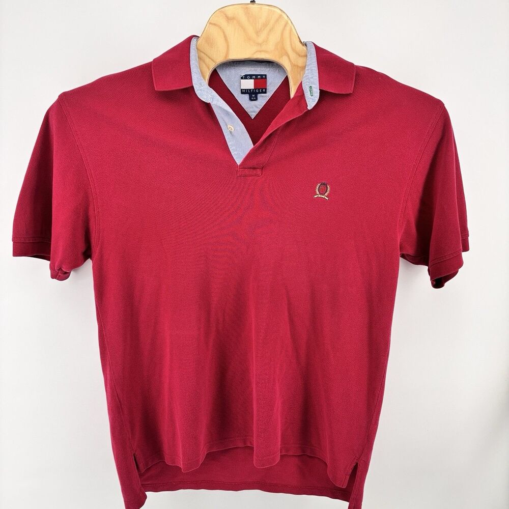 Tommy Hilfiger Men's M Red Polo Shirt Embroidered Crest Short Sleeve
